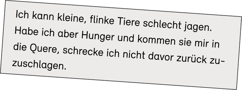 Ich kann kleine, flinke Tiere schlecht jagen. Habe ich aber Hunger und kommen sie mir in die Quere, schrecke ich nich...